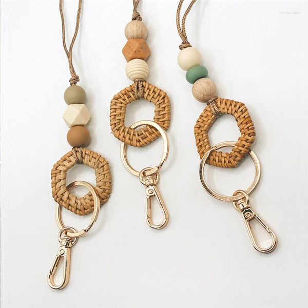 Schlüsselanhänger Boho Bohemian Rattan Holz Mala Perle Keychain Abzeichenhalter ID Halskette Lehrer Wertschätzung Geschenk Perlen Lanyard Golden