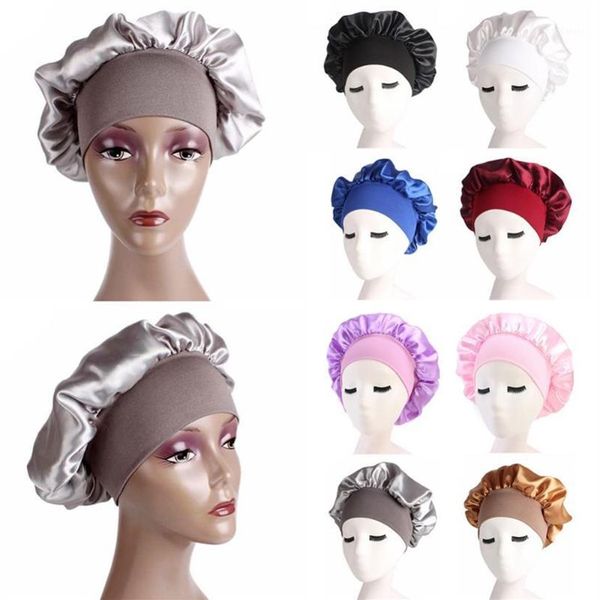 Beanie Kafatası Kapakları 12 PCS Kadın Katı Uyku Şapkası Nightcap Duş Unisex Banyo Yumuşak Kemo Elastik Bonnet Saten Geniş Bant Saç Bakımı R224X