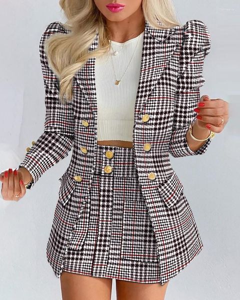 Damenjacken Büro Damen Anzug Spring Summer Mode Langarmantmantel und Rocksets elegante Plaid -Print Blazers zweiteilige Set