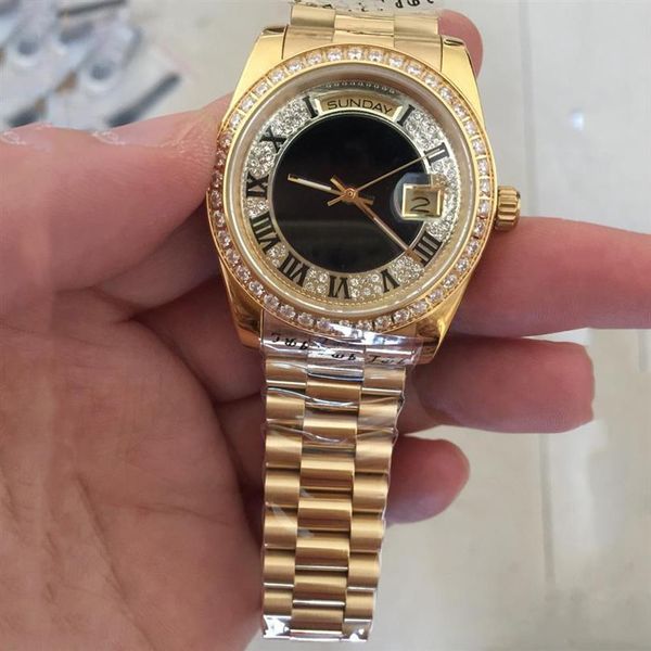 Herren Uhren neue goldene 18k Gold Männer Automatische Uhr Full Diamond Face Sapphire fester Gurt 36 mm317i
