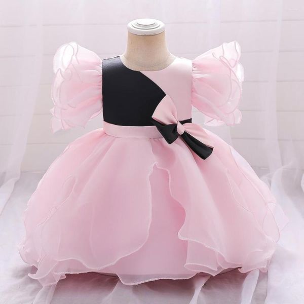 Mädchenkleider Baby Blume Mädchen Kleid rosa schwarze Bogen 1. Geburtstagsfeier Infant Prinzessin Hochzeitskleid Kleinkind Sommerkleidung