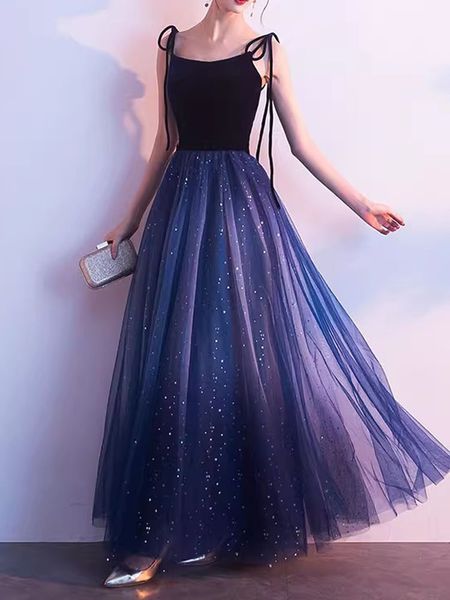 Fancy Shining Navy Abiti da sera sequestri di sequestri per tulle abiti da ballo lunghi lunghezza del pavimento allacciata