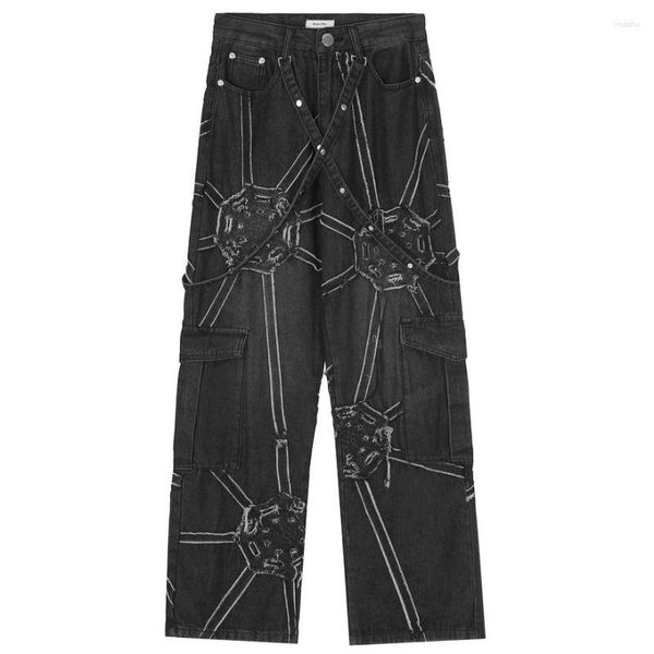 Мужские джинсы Harajuku Vintage Gothic Pocketing Black Wide Men Men Женщины джинсовые брюки хип -хоп уличная одежда панк -брюки комбинезоны