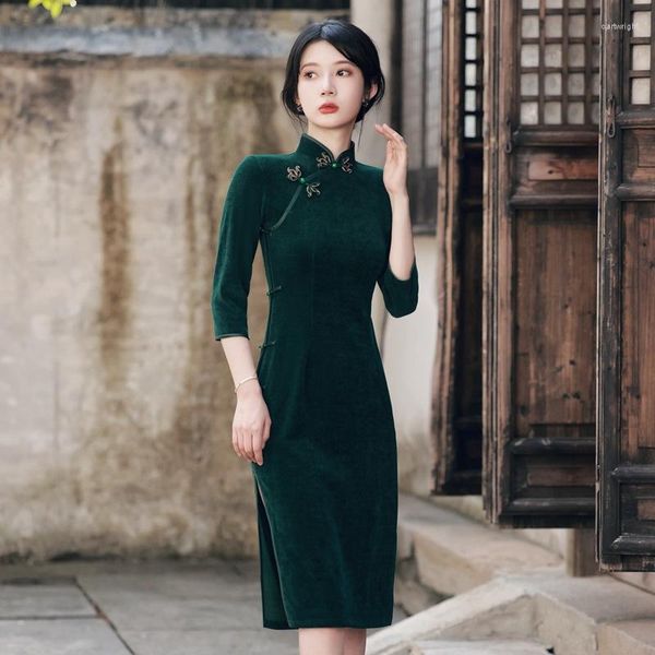 Ethnische Kleidung Vintage grüne sexy schlanke mittelgroßen cheongsam Frauen übergroße chinesische Kleid Mandarin Kragen Elegante Partykleider Klassiker