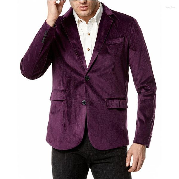 Ternos masculinos Retro roxo de veludo blazer homem 2023 Marca marcou lapela de dois botões de traje de jantar de casamento de casamentos homme xxl