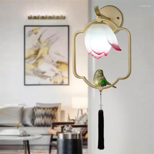 Duvar lambaları Çin yatak başı lotus kuş yatak odası oturma odası koridor balkon art deco ev sconce lambaları armatürler