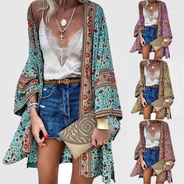 Frauen Badebekleidung Frauen Kimono Shirt Holiday Beach Langer Strickjacken Sommerbluse Boho Schalttops Strandwege Bikini Deck-Deck-Wrap-Anti-UV-Mantel