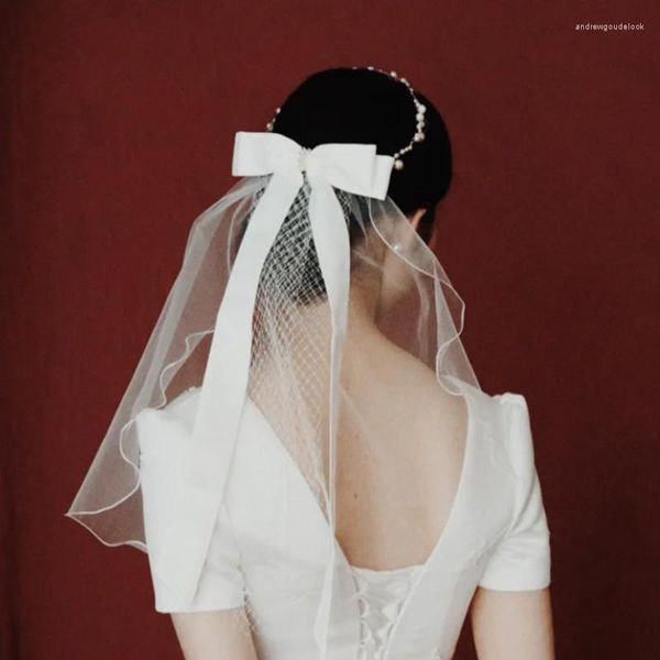 Veli da sposa donna abito da sposa in tulle abito bianco nastro bordo con clip corto velo sposa accessori per feste di matrimonio