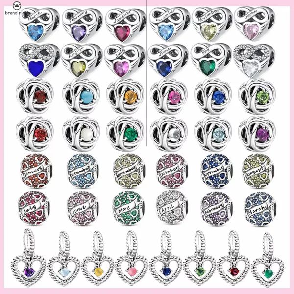 925 Pandora takılar için gümüş mücevher boncuklar 925 bileklik kalp doğum taşı cazibesi çok renkli yuvarlak zirkon çiçek takılar set set diy ince boncuk takılar