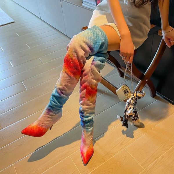 2022 Primavera e outono Novo salto fino Rainbow sobre botas de joelho de comprimento botas elásticas Botas femininas grandes tamanho 41 230822