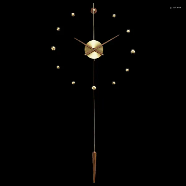 Wanduhren kreative spanien 3d Uhr Gold Metall Walnuss Holz Pendel Haus Kunst Badezimmer LED Luxus DIY Home Decor LQQ99YH