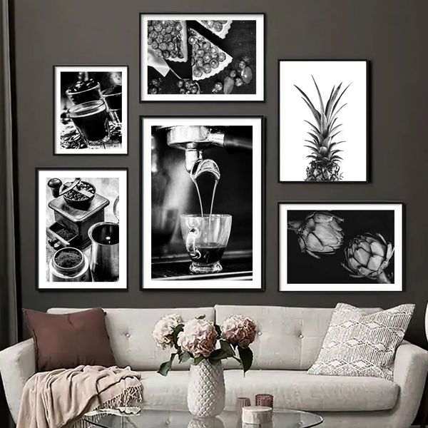 Leinwand Malerei Vintage Schwarz -Weiß -Kaffeemaschinen -Poster und Druck Wandkunst Ananas Bild für Wohnzimmer Bar Schlafzimmer Dekor ohne Rahmen wo6