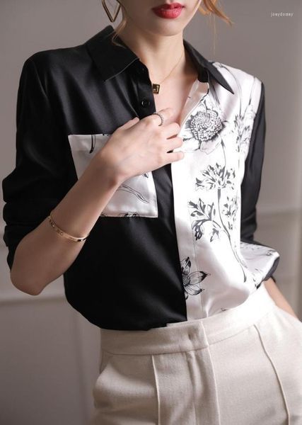 Camicia polo da donna stile autunnale manica lunga dimagrante stampa inchiostro di fascia alta impiombata in bianco e nero