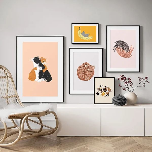 Funny fofo gato telas pintando artes de parede artes de desenho animado poster e impressão no estilo nórdico Presentes para crianças menino menino Decoração sem moldura wo6