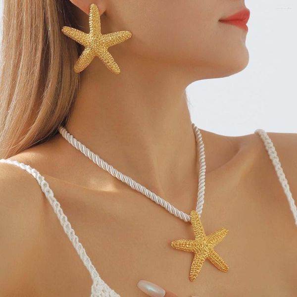 Anhänger Halsketten Seestarfisch Halskette Ohrringe für Frauen Persönlichkeit Fashion Frau Gold Farbe Hengst Ohrring Sommer Beach Schmuckzubehör Accessoires