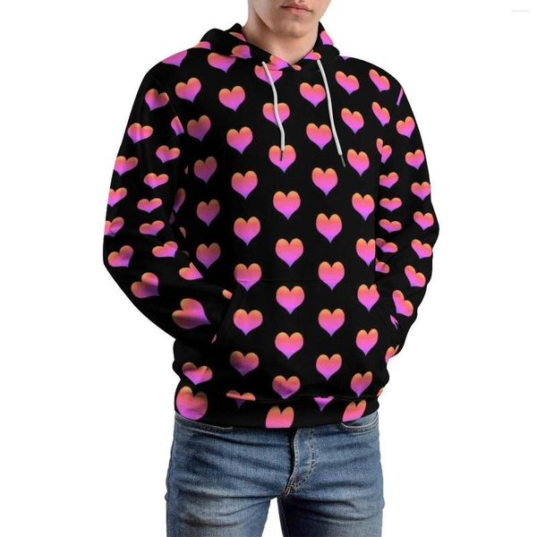 Con cappuccio maschile cuori rosa stampati casual di San Valentino per San Valentino classico con cappuccio maschio con cappuccio maschio a maniche lunghe abbigliamento design più dimensioni