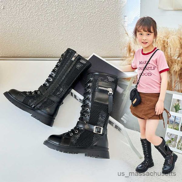 Сапоги для девочек высокие ботинки дыхательная карманная пряжка детская модная повседневная обувь 2023 летние новые дети шикарные обувь принцессы подиумного подисточка простые R230822