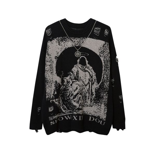 Suéteres masculinos com colar rasgado blusas de tamanho grande malha de malha gótica negra y2k grunge women sweater vintage harajuku tops pullovers 230821