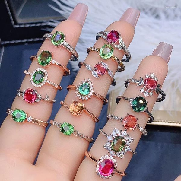 Ringos de cluster meibapj 16 estilos naturais coloridos anel de pedra preciosa de turmalina para mulheres Real 925 Sterling Silver Charm Fine Wedding Jewelry