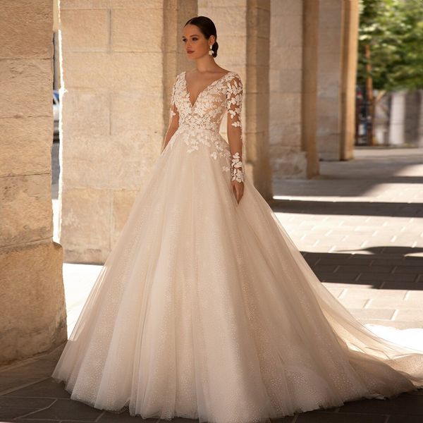 A-Line Elegante Brautkleider 2024 V-Ausschnitt Langarm Tüll Brautkleider Vestido de Novia Applikes Perlen Delicate Robe de Marieee