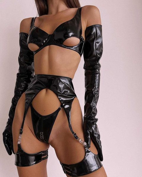 Sexy Set Fetish PVC Lingerie Sissy Cup Out Bra Leather PU Pu Sensual Roufe