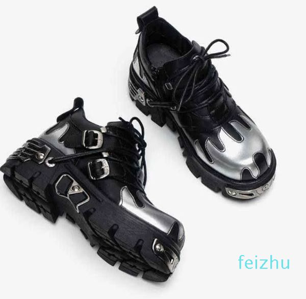 Botas botas u-duplo punk estilo mulher gótica chama esculpida sapatos de rocha vintage 2022 novos sapatos de couro escuro de metal nicho de baixo top plataforma sapatos