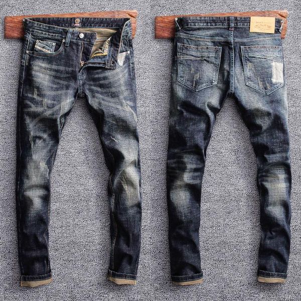 Herren Jeans modische Streetwear Männer Retro Black Blue Elastic Slim Fit Ripped Patchwork Designer Vintage Casual Denim Hosen