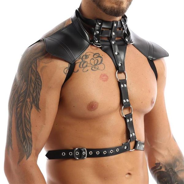 Arnês de couro de lingerie masculino Ajuste roupas gays sexy corpora sexual cinto de tira de tira do punk trajes raves para o cotovelo sexual joelho PA264h