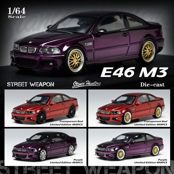 Diecast Model SH SW no estoque 1 64 E M3 Hub modificado Purple Red Alloy Diorama Coleção de carros Miniatura Carros Toys 230821