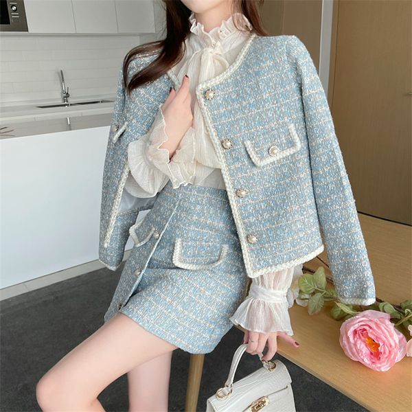 Womens Wool Blends Autumn Two Piece Women Blazer Coat Skirt Short Skirt elegante Lady Lady Lady Manga Longa Casacos Seção