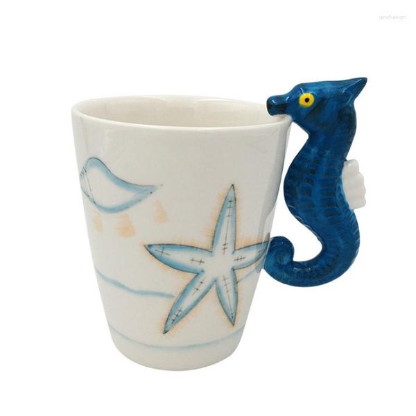 Canecas 200ml 3d Hippocampus Animal Cerâmica Cupão Cartoon Série Marinha Creative Caneca de café pintada à mão Com Handle Gift