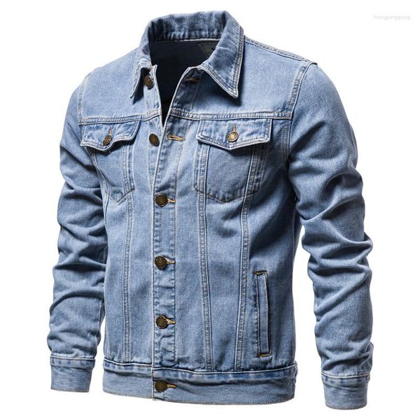 Jackets masculinos Men Jacket Jacket Denim Color Solid Lapeel Bolsões Bolsas de Spring Autumn Slim Fash Fashion Artigo Macicleta Jeans de Motocicleta