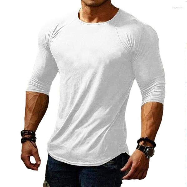 Camisetas masculinas no pescoço redondo esportes longos esportes curtos slim ajuste de cor sólida camiseta juvenil moda 2023 roupas masculinas