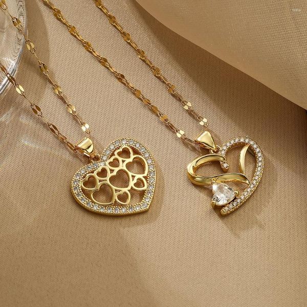 Colares pendentes Comprar design exclusivo cor de ouro hollow coração 316l colar de corrente de aço inoxidável