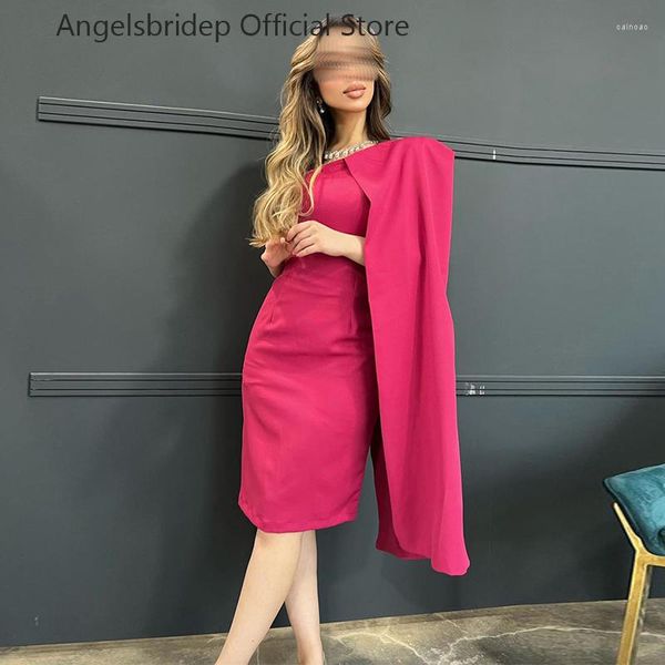 Partykleider Angelsbridp Satin Abend Meerjungfrau Fuchsia Sexy Knielänge mit Cape Mitte formelle Hochzeitskleider Abschlussballkleid