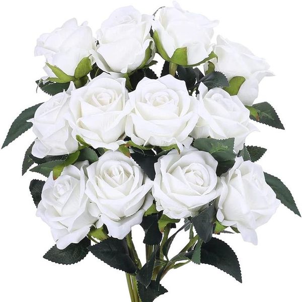 Dekorative Blumen Kränze künstlicher Rosenstrauß 12pcs Seidenrosen mit Stielen weiße realistische Blüte für Brauthochzeit303K