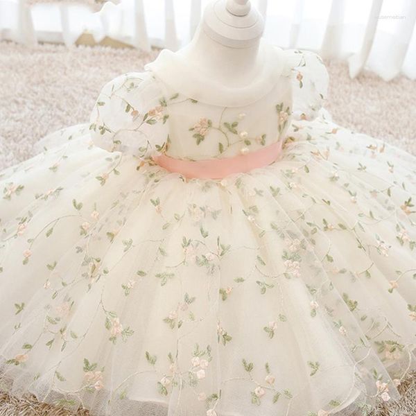 Kız Elbise Yürümeye Başlayan Kız Kızlar 1. Doğum Günü Kıyafetleri Çiçek Nakış Bebek Vaftiz Elbise Çocuklar Düğün Partisi Zarif Prenses Elbise Vestidos