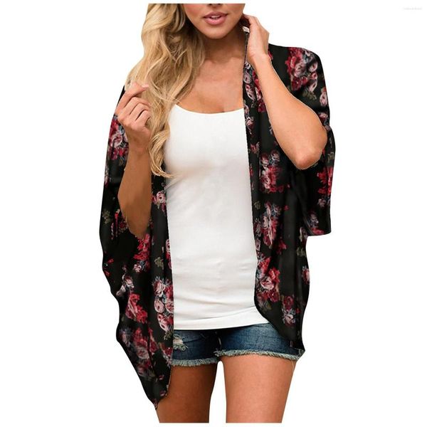 Costumi da bagno femminile estate floreale retrò con manica con piumino in chiffon sciolta di copertura della spiaggia del cardigan aperto casual