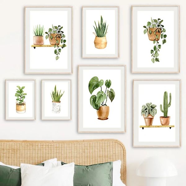 Canvas pintando plantas verdes cactus tiger parede arte nórdica pôsteres e impressões imagens de parede para decoração de quarto de sala sem moldura wo6