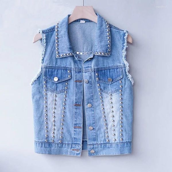 Kadın Yelek Sokak Giyim Bahar Sonbahar Kolsuz Ceket Kore Moda Perçin İnce Mavi Denim Yelek Kadın Giyim Günlük Yelek