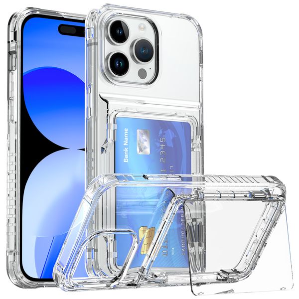 Stoßfeste, klare, transparente, versteckte Kartenhalter-Geldbörsenhülle für iPhone 15 Pro Max 14 13 12 11 Hybrid Heavy Duty Kickstand Phone Cover Funda