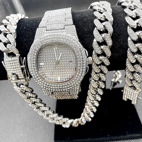 Altri orologi Collane di orologi ghiacciate di lusso Bracciale da uomo Hip Hop Gioielli set Miama Cuban Link Choker Bling Gold 230822