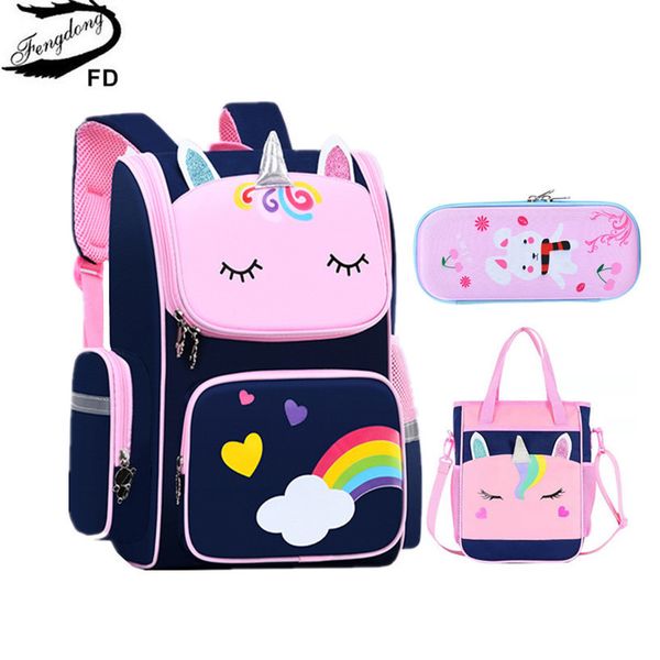 Rucksäcke Fengdong niedliche 3D -Cartoon -Schule Rucksack Set Grundschule für Mädchen Regenbogen Liebe Herz Kinder Stiftbleistift Handtasche Set 230822