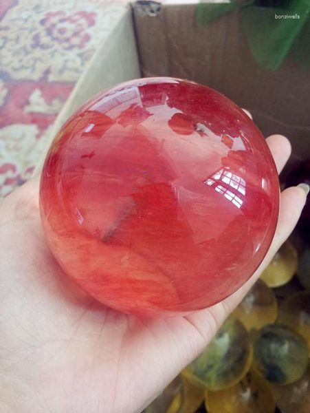 Estatuetas decorativas 80mm grande rocha natural quartzo de cristal esfera vermelha fundição de bola de pedras preciosas