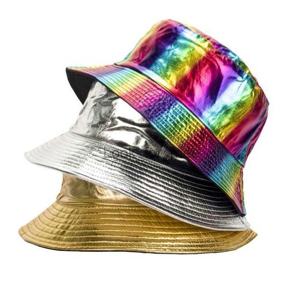 50pcs Rainbow Metallic Laser Bucket Hat rave Party Leather Shine Brim Brim Holográfico Fisherman Hats Christmas Music Wear HKD230823