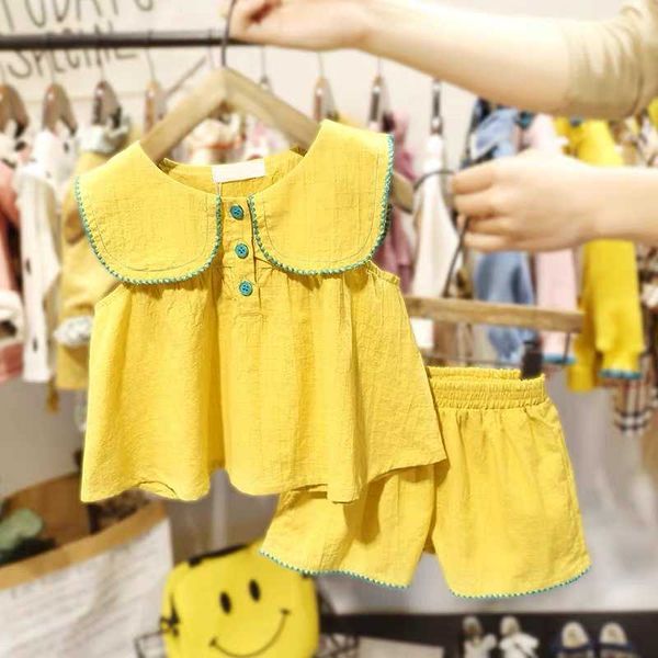 Kleidungssets Baby Mädchen Sommerkleidungssets Ärmellose Tops und Shorts Baumwolle mit großem Revers Kleidungsanzug Kleinkind 2-teilig Lässige Säuglingssets