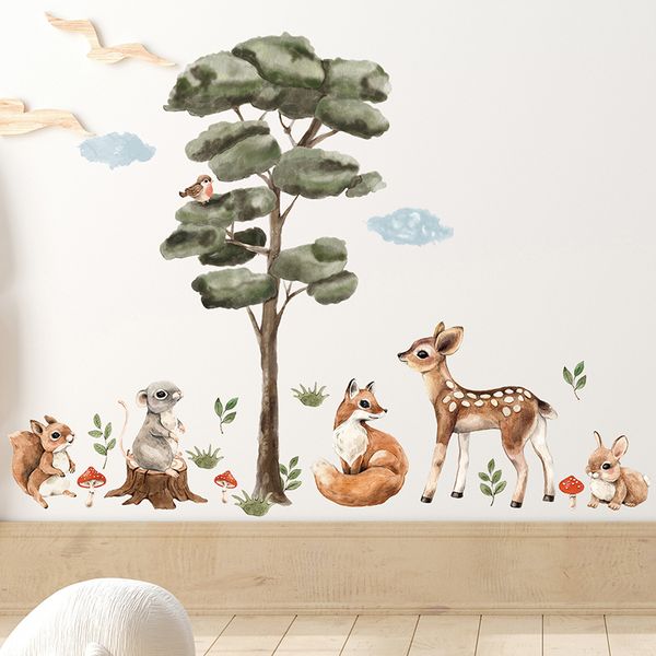 Wandaufkleber Aquarell Cartoon Baum und Waldtiere Hirsche Hasen für Kinderzimmer Baby Kinderzimmer Dekor 230822