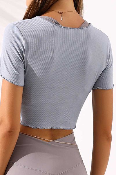 LL-T969 Yoga-Outfit Frauen Kordelschnell-Drogen-T-Shirt kurzärmelig dünne Sporttife sexy eng anliegende kurzärmelige Lauffitnesskleidung mit Marke