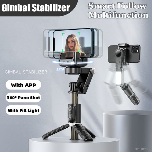 Stabilizzatori 2023 Bluetooth Wireless Gimbal Stabilizer Selfie Stick a 360 gradi Tracciamento a faccia intelligente Registrazione dal vivo con luce di riempimento 230823