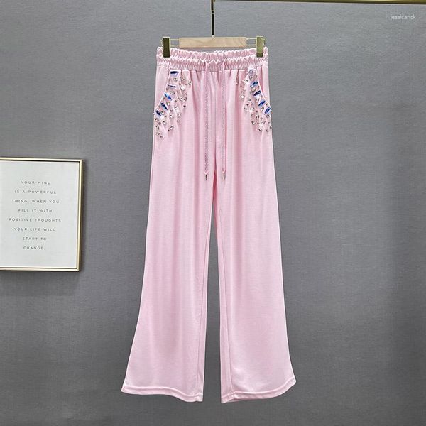 Frauenhose Diamant Casual 2023 Frühlings- und Sommerkleidung Schnüre-up elastische Taille Lose Hosen Ladies Pink Wide Bein